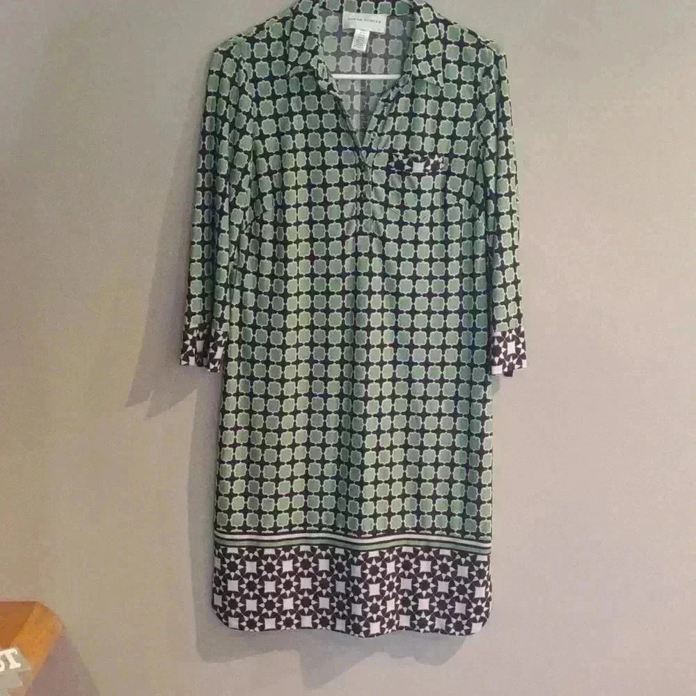 Donna Morgan 3/4 sleeve green black white pattern short dress women's 8